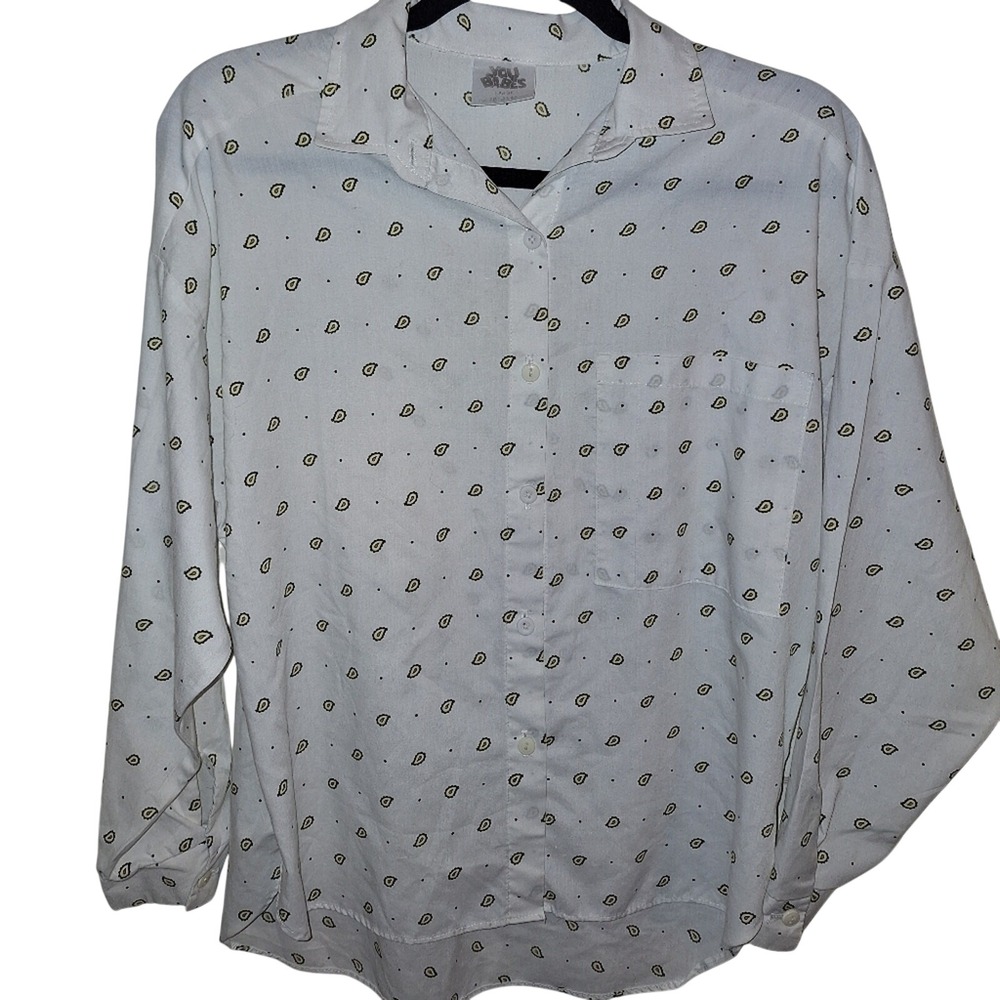 Vintage You Babes Womens Large White Paisley Button Down Shirt‎ Long Sleeve L